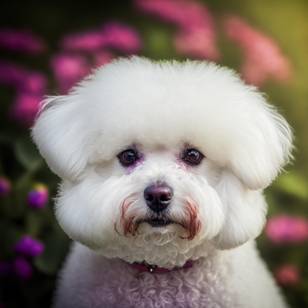 A white dog with a pink collar and a pink tag sits in a field of flowers.