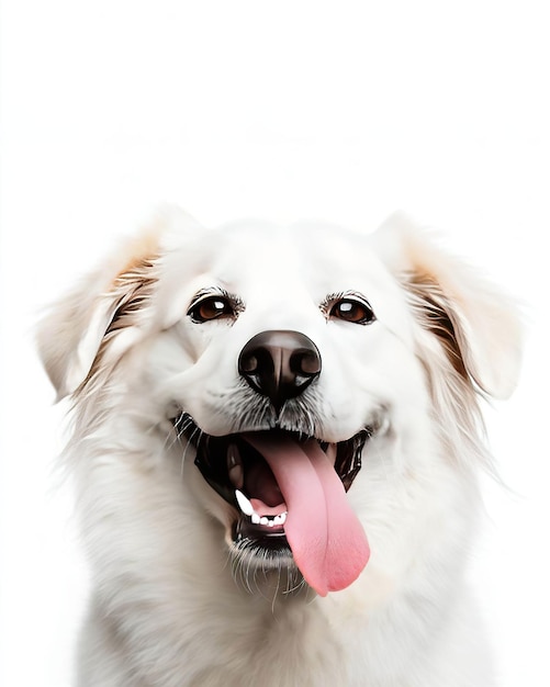 A white dog with a pink tongue sticking out