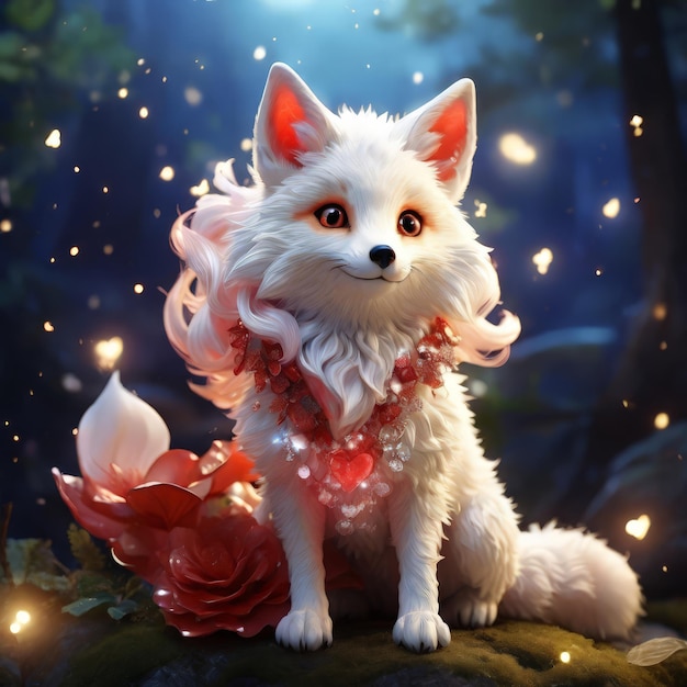 a white dog with a red bow on its neck sits in a forest