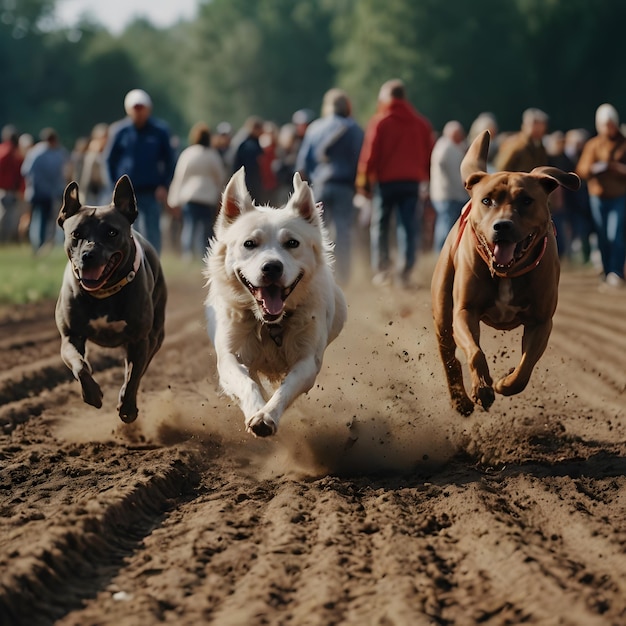 a white dog with a red collar running in the dirt