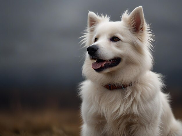 a white dog with a red collar sits in a field