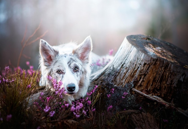 A white dog with sad eyes lies near a stump in the forest.