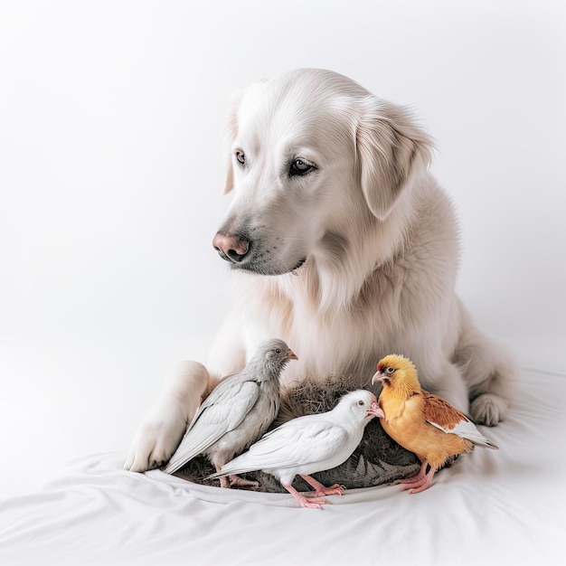 A white dog with some birds