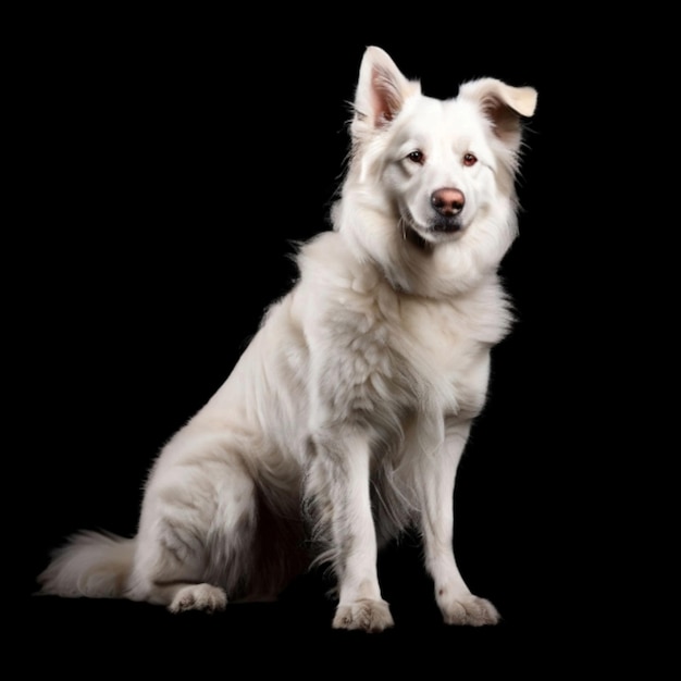 a white dog with a tag on its ear