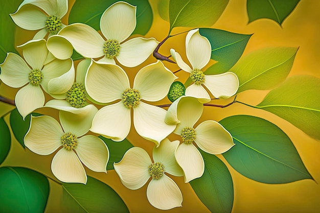 White Dogwood Flowers on yellow Background