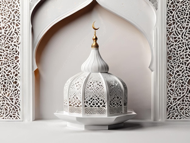 a white dome with a gold tassel on it sits on a white table