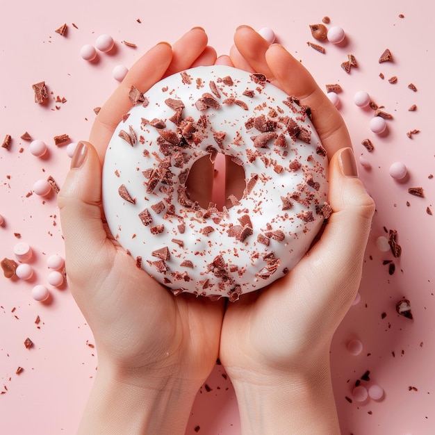 Photo white donut with chocolate sprinkles held by hands