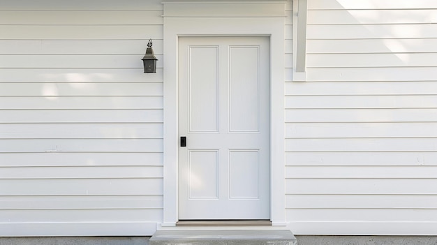 A white door with a black handle sits in front of a white house