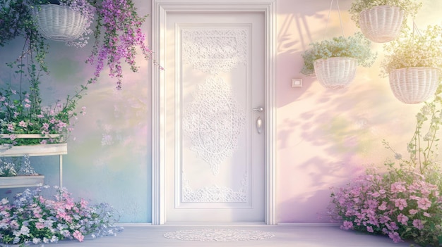 a white door with a floral pattern on it