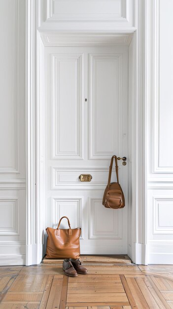 Photo a white doorway with a white door white trim and a white baseboard there are two bags and a potted plant in the entryway