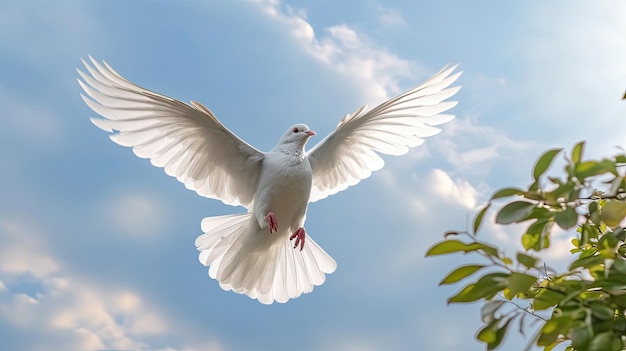 A white dove carrying leaf branch on blue sky air with clouds and sunbeams Freedom concept and international day of peace Generative Ai