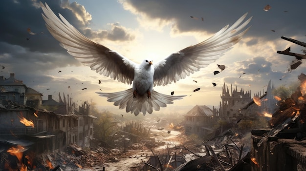 A white dove flies in the sky above the ruins of a ruined city