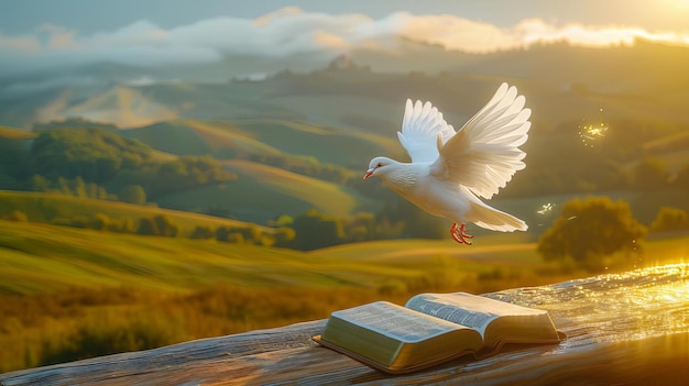 White dove in flight over a Bible set against a backdrop of rolling hills at sunrise vivid style