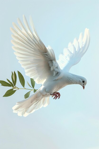 White dove in flight with olive branch against a peaceful blue sky symbolizing peace