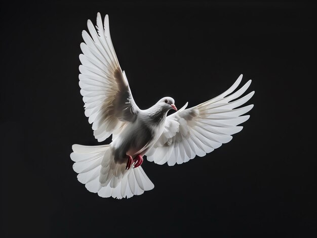 A white dove flying in the air with its wings spread