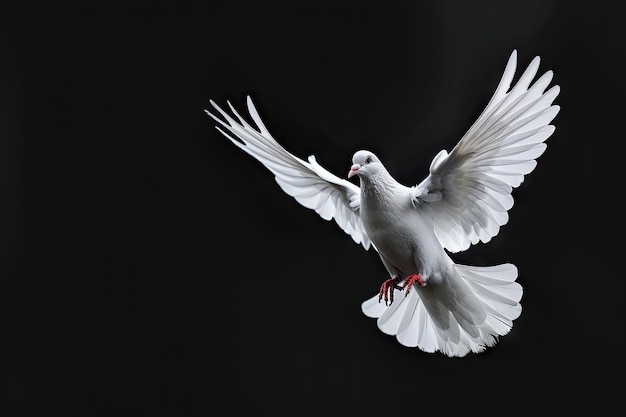 White dove flying on black background symbolizing freedom and peace