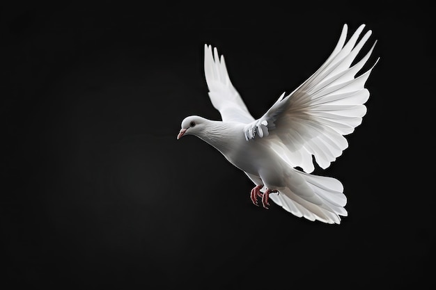 White dove flying on black background symbolizing freedom and peace