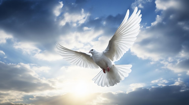 a white dove flying in the sky with the sun behind it