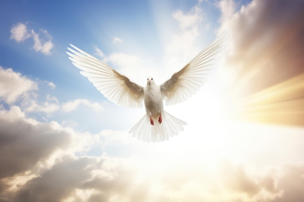 a white dove flying over the sun in a cloudy sky in the religious style Generative AI