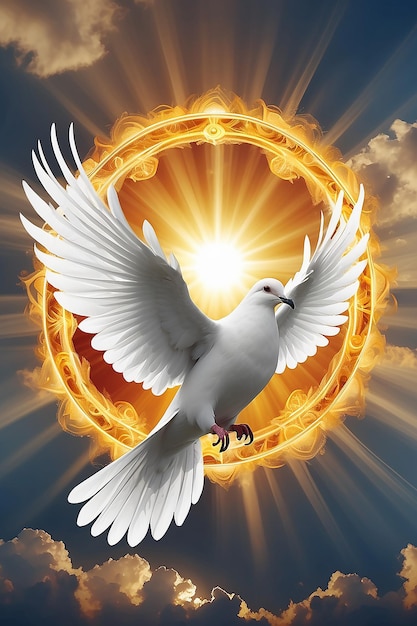 A white dove flying over the sun in a cloudy sky in the religious style Generative AI