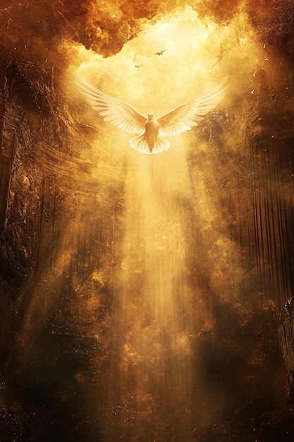 Photo white dove flying towards heavenly light beams through dark cave opening