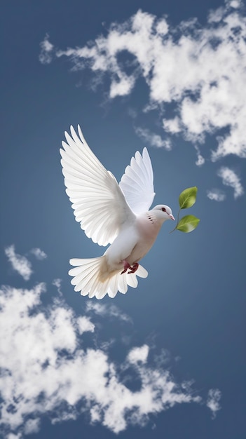 White dove flying with leaf on blue sky copy space background generated image