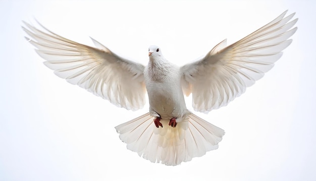 Photo white dove flying with wings spread against white background