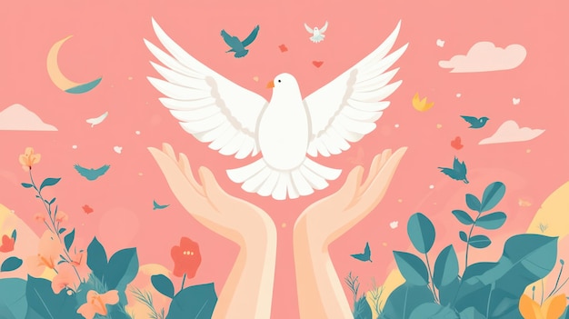 Photo white dove held by two hands with pink background and floral border