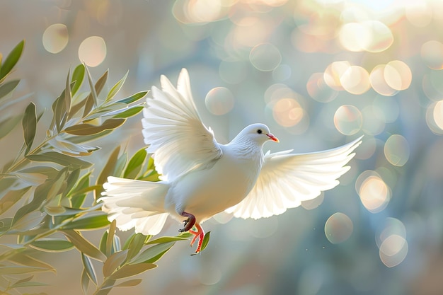 A white dove holding an olive branch in the light with lens flare Background for peace and freedom w