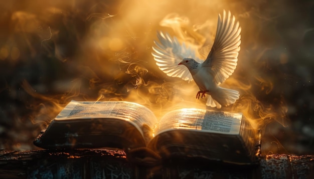 A white dove is flying over an open book by ai generated image