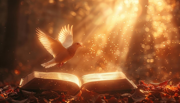 A white dove is flying over an open book by ai generated image