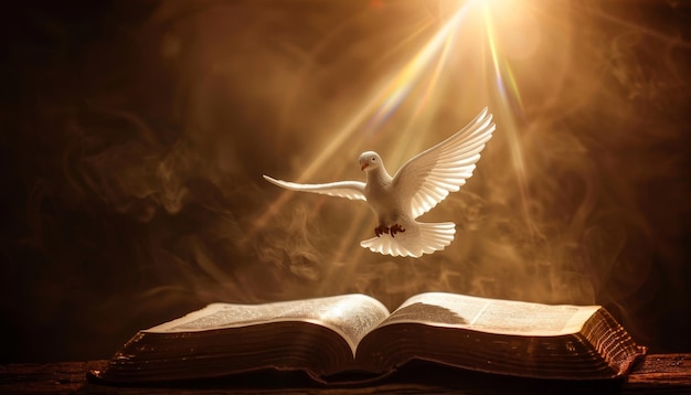 A white dove is flying over an open book by ai generated image