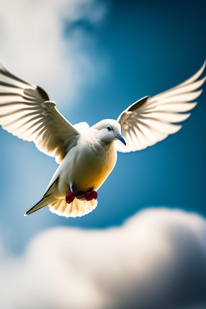 A white dove is flying in the sky with its wings spread.