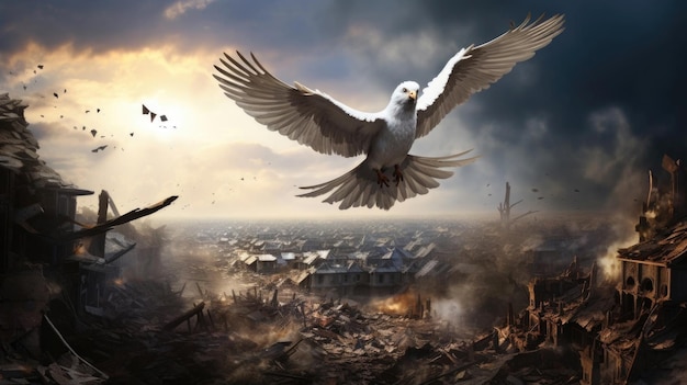 The white dove of peace flies over the bombedout city War concept Generative AI