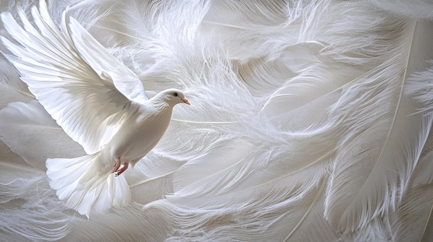 Photo white dove of peace surrounded by feathers