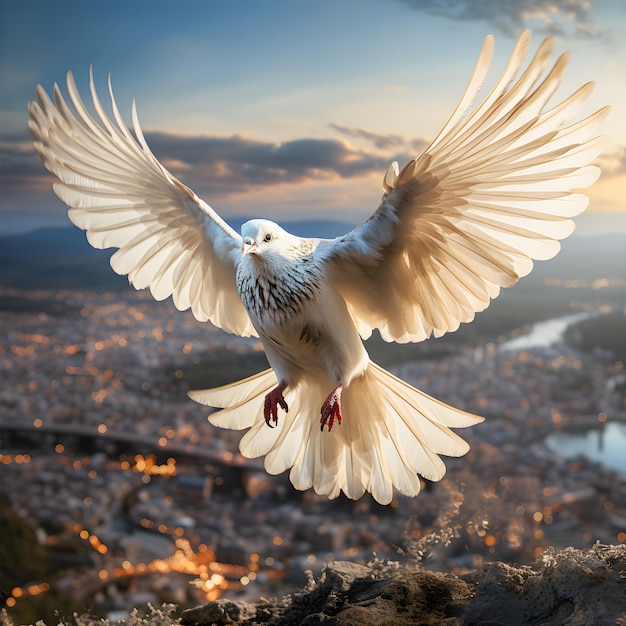 White dove of peace with open wings flying in the sky at sunset World peace and no war