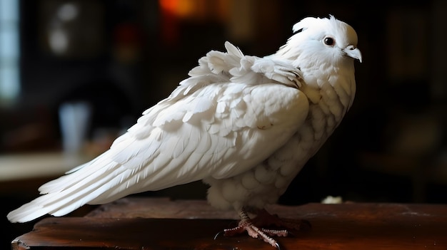 A white dove sits on a wooden table in a bar.