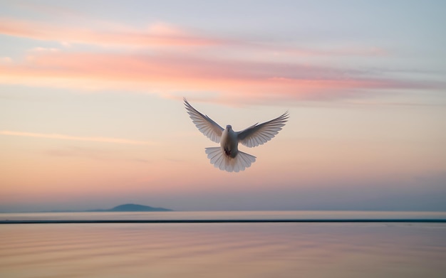 Photo white dove soaring against a vibrant pink and orange sunrise over a calm lake generativeai