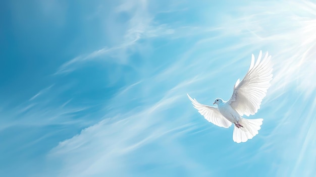 White dove soaring in blue sky symbolizing peace and freedom