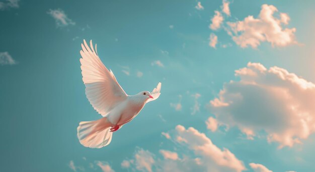 White Dove Soaring Through a Blue Sky With Fluffy Clouds