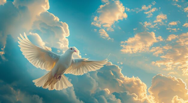 White Dove Soaring Through Blue Sky With White Clouds