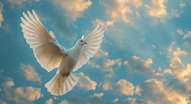 White Dove Soaring Through Blue Sky With White Clouds