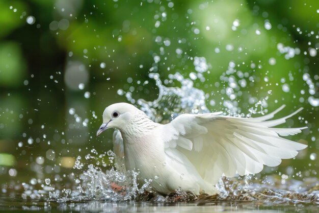 white dove splashing on the water