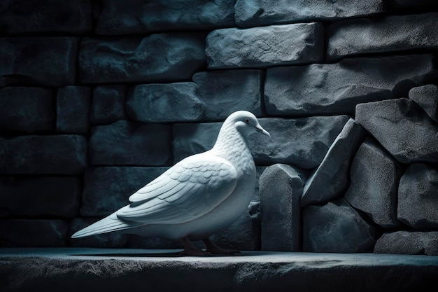 A white dove stands on a ledge in front of a stone wall.