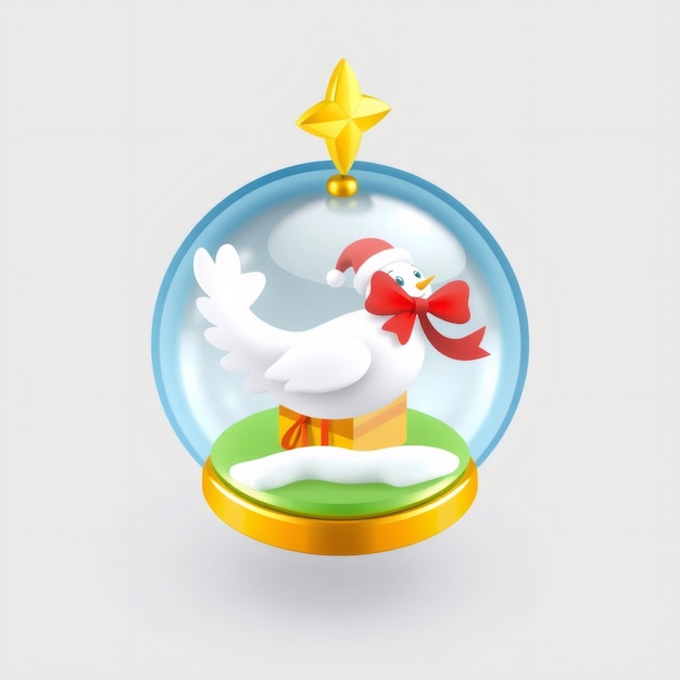 Photo a white dove wearing a santa hat and a red bow sits atop a gift box in a snow globe