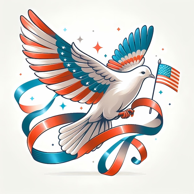 a white dove with an American flag and a flag that says a patriotic