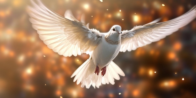 A white dove with its wings spread in the air with the word peace on it.