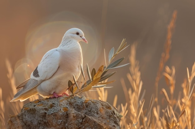 White dove with olive branch in peaceful light freedom concept