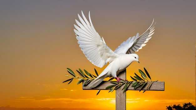 A white dove with an olive branch perched on a cross bathed in golden light