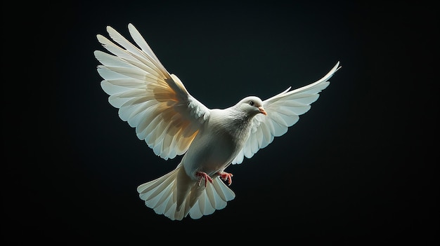 a white dove with a red beak flies in the air